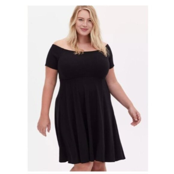 Torrid Black Dress Size 2x off the shoulder skater knit plus womens short sleeve - Picture 1 of 6
